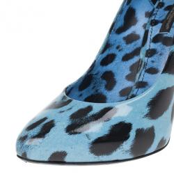 Pre Owned Dolce and Gabbana Blue Leopard Print Patent Pumps Size 38