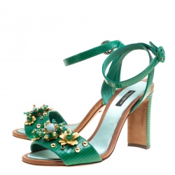 مملوكة مسبقًا صندل دولتشي أند غابانا سيور كاحل مزخرف جلد نقش سحلية خضراء مقاس 40