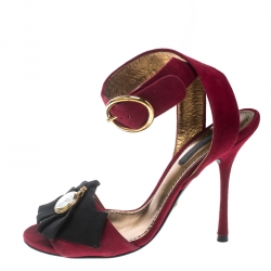 Pre Owned Dolce and Gabbana Red Suede Stopwatch Embellished Criss Cross Strap Sandals Size 36