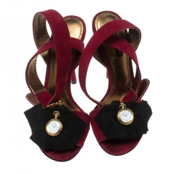 Pre Owned Dolce and Gabbana Red Suede Stopwatch Embellished Criss Cross Strap Sandals Size 36