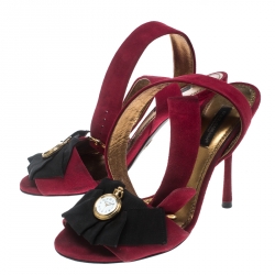 Pre Owned Dolce and Gabbana Red Suede Stopwatch Embellished Criss Cross Strap Sandals Size 36