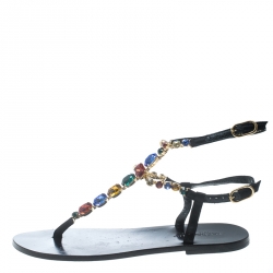 Pre Owned Dolce and Gabbana Multicolor Crystal Embellished Ankle Strap Flat Thong Sandals Size 39