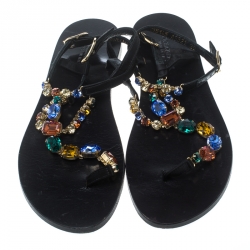 Pre Owned Dolce and Gabbana Multicolor Crystal Embellished Ankle Strap Flat Thong Sandals Size 39