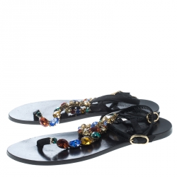 Pre Owned Dolce and Gabbana Multicolor Crystal Embellished Ankle Strap Flat Thong Sandals Size 39