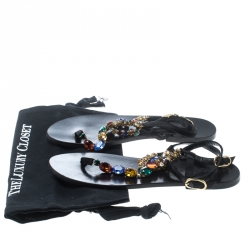 Pre Owned Dolce and Gabbana Multicolor Crystal Embellished Ankle Strap Flat Thong Sandals Size 39