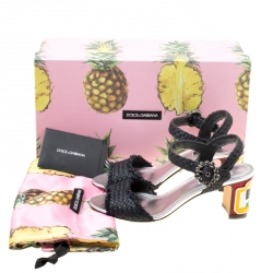 مملوكة مسبقًا Dolce and Gabbana Black Raffia Keira Cafe Bar Block Heel Ankle Strap Sandals Size 37