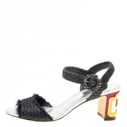 مملوكة مسبقً ا Dolce and Gabbana Black Raffia Keira Cafe Bar Block Heel Ankle Strap Sandals Size 37