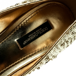 Pre Owned Dolce and Gabbana Gold Sequined Crystal Embellished Leather Bellucci Pointed Toe Pumps Size 39
