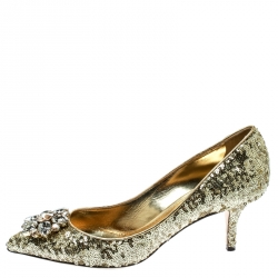 Pre Owned Dolce and Gabbana Gold Sequined Crystal Embellished Leather Bellucci Pointed Toe Pumps Size 39