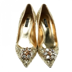 Pre Owned Dolce and Gabbana Gold Sequined Crystal Embellished Leather Bellucci Pointed Toe Pumps Size 39