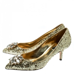 Pre Owned Dolce and Gabbana Gold Sequined Crystal Embellished Leather Bellucci Pointed Toe Pumps Size 39