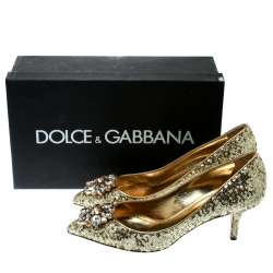 Pre Owned Dolce and Gabbana Gold Sequined Crystal Embellished Leather Bellucci Pointed Toe Pumps Size 39