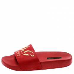 مملوكة مسبقًا Dolce and Gabbana Red Rubber DG Embroidered Flat Pool Slides Size 36
