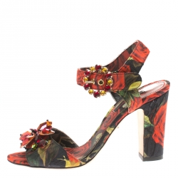 Pre Owned صندل دولتشي أند غابانا سير كاحل مزخرف كريستال قماش طباعة زهور متعدد الألوان مقاس 36