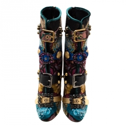 Pre Owned حذاء بوت دولتشي أند غابانا منتصف ساق كعب عريض إبزيم مزخرف كريستال قماش جاكارد زهور متعدد الألوان مقاس 37