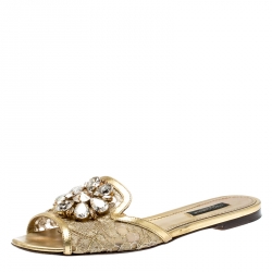 Pre Owned Dolce and Gabbana Metallic Gold Lace And Leather Trim Sofia Crystal Embellished Slides Size 36.5