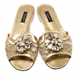 Pre Owned Dolce and Gabbana Metallic Gold Lace And Leather Trim Sofia Crystal Embellished Slides Size 36.5