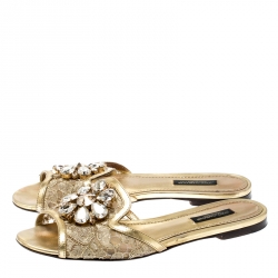 Pre Owned Dolce and Gabbana Metallic Gold Lace And Leather Trim Sofia Crystal Embellished Slides Size 36.5
