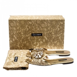 Pre Owned Dolce and Gabbana Metallic Gold Lace And Leather Trim Sofia Crystal Embellished Slides Size 36.5