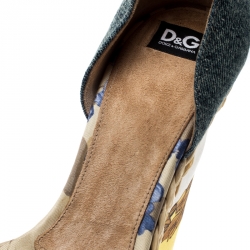 Pre Owned Dolce and Gabbana Multicolor Printed Satin/Denim Ankle Strap Platform Wedge Sandals Size 38