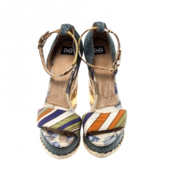 Dolce and Gabbana Multicolor Printed Satin/Denim Ankle Strap Platform Wedge Sandals Size 38