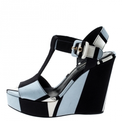 Pre Owned Dolce & Gabbana Tricolor Fabric T Strap Wedge Platform Sandals Size 35