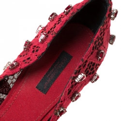 Pre Owned Dolce and Gabbana Red Lace Crystal Embellished  Pointed Toe Pumps Size 37.5
