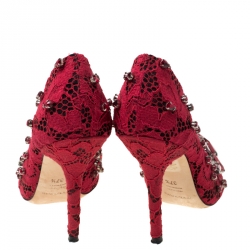 Pre Owned Dolce and Gabbana Red Lace Crystal Embellished  Pointed Toe Pumps Size 37.5