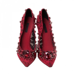 Pre Owned Dolce and Gabbana Red Lace Crystal Embellished  Pointed Toe Pumps Size 37.5