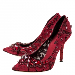 Pre Owned Dolce and Gabbana Red Lace Crystal Embellished  Pointed Toe Pumps Size 37.5