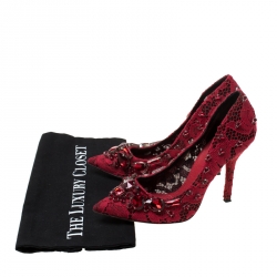 Pre Owned Dolce and Gabbana Red Lace Crystal Embellished  Pointed Toe Pumps Size 37.5