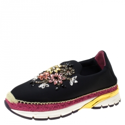 Pre Owned Dolce and Gabbana Multicolor Crystal Embellished Satin Neoprene Platfrom Slip On Sneakers Size 39