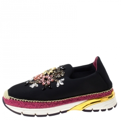 Pre Owned Dolce and Gabbana Multicolor Crystal Embellished Satin Neoprene Platfrom Slip On Sneakers Size 39