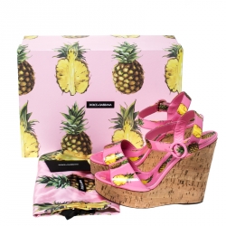 Pre Owned Dolce And Gabbana Pink Patent Leather Pineapple Cork Wedge Platform Ankle Strap Sandals Size 40