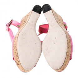 Pre Owned Dolce And Gabbana Pink Patent Leather Pineapple Cork Wedge Platform Ankle Strap Sandals Size 40