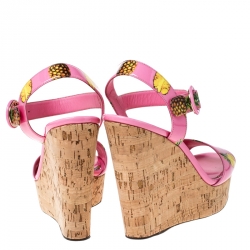 Pre Owned Dolce And Gabbana Pink Patent Leather Pineapple Cork Wedge Platform Ankle Strap Sandals Size 40