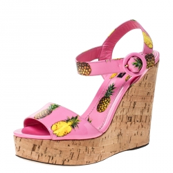 Pre Owned Dolce And Gabbana Pink Patent Leather Pineapple Cork Wedge Platform Ankle Strap Sandals Size 40