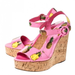 Pre Owned Dolce And Gabbana Pink Patent Leather Pineapple Cork Wedge Platform Ankle Strap Sandals Size 40
