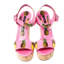 Pre Owned Dolce And Gabbana Pink Patent Leather Pineapple Cork Wedge Platform Ankle Strap Sandals Size 40