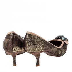 Pre Owned Dolce & Gabbana Metallic Embossed Textured Fabric Crystal Embellished Bow Curved Heels Pumps Size 41