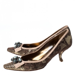 Pre Owned Dolce & Gabbana Metallic Embossed Textured Fabric Crystal Embellished Bow Curved Heels Pumps Size 41
