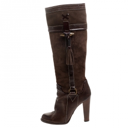 مملوكة مسبقًا Dolce and Gabbana Brown Suede And Leather Tassel Embellished Knee Length Boots Size 38.5