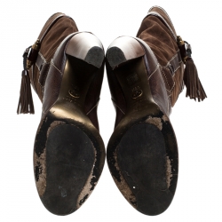 مملوكة مسبقًا Dolce and Gabbana Brown Suede And Leather Tassel Embellished Knee Length Boots Size 38.5