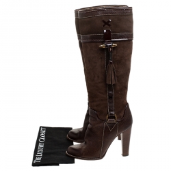 مملوكة مسبقًا Dolce and Gabbana Brown Suede And Leather Tassel Embellished Knee Length Boots Size 38.5