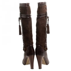 مملوكة مسبقًا Dolce and Gabbana Brown Suede And Leather Tassel Embellished Knee Length Boots Size 38.5
