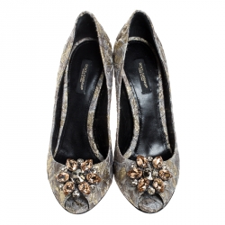 Pre Owned Dolce and Gabbana Grey Floral Print Brocade Fabric Bellucci Crystal Embellished Pointed Toe Pumps Size 39