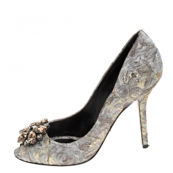 Pre Owned Dolce and Gabbana Grey Floral Print Brocade Fabric Bellucci Crystal Embellished Pointed Toe Pumps Size 39