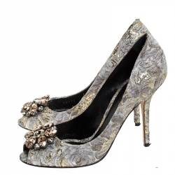 Pre Owned Dolce and Gabbana Grey Floral Print Brocade Fabric Bellucci Crystal Embellished Pointed Toe Pumps Size 39