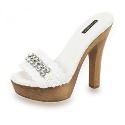 Dolce and Gabbana White Crystal Wooden Mules Size 38