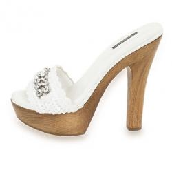 Dolce and Gabbana White Crystal Wooden Mules Size 38